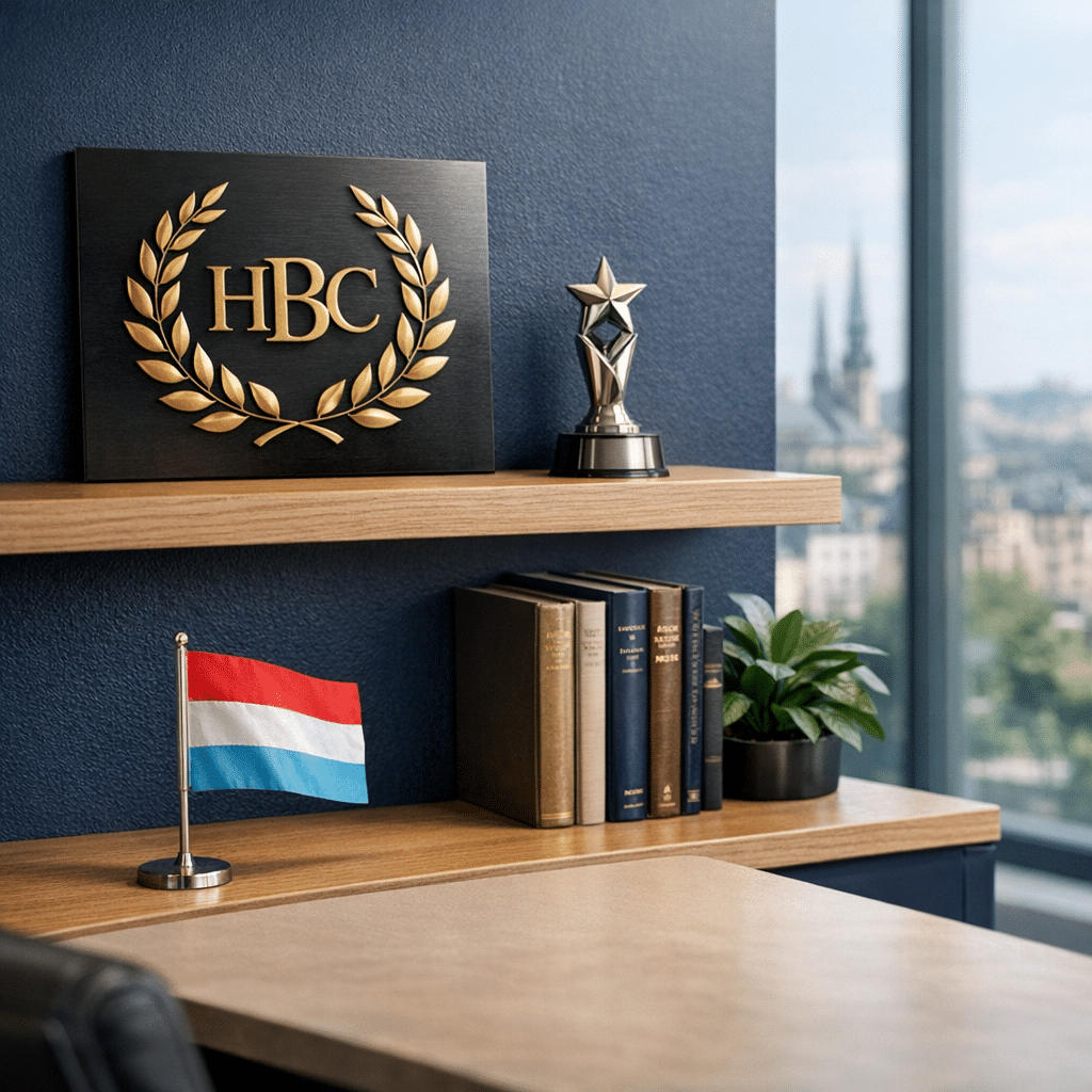 Plaque distinctive HBC Group avec couronne de laurier et petit drapeau luxembourgeois sur un bureau