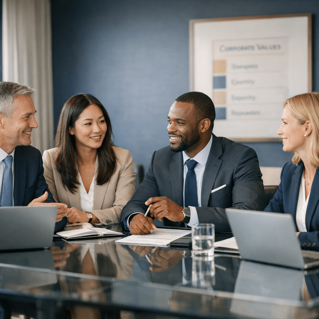 Réunion d'équipe internationale dans un bureau moderne au Luxembourg