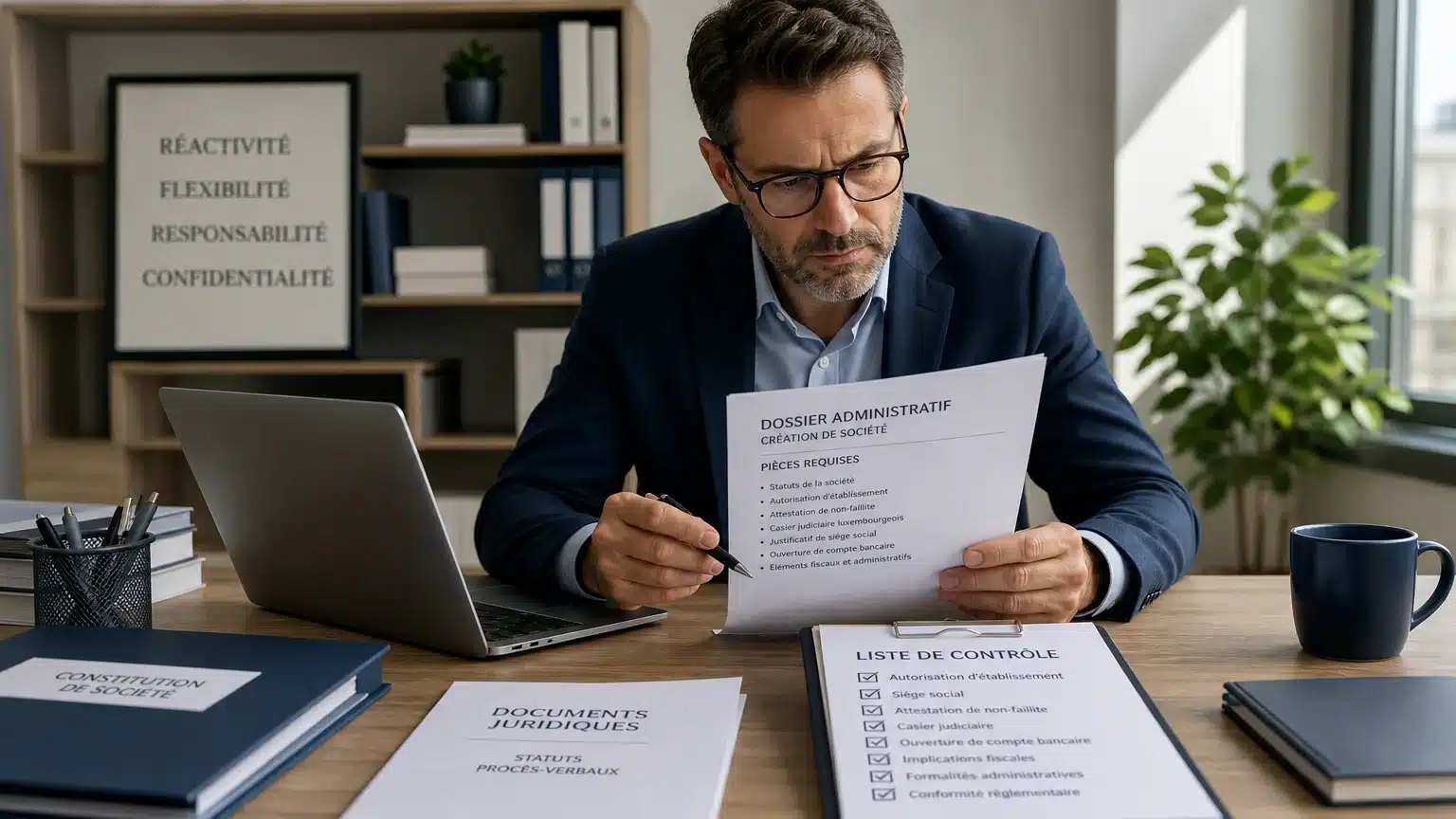 Entrepreneur examinant les documents de son autorisation d'établissement