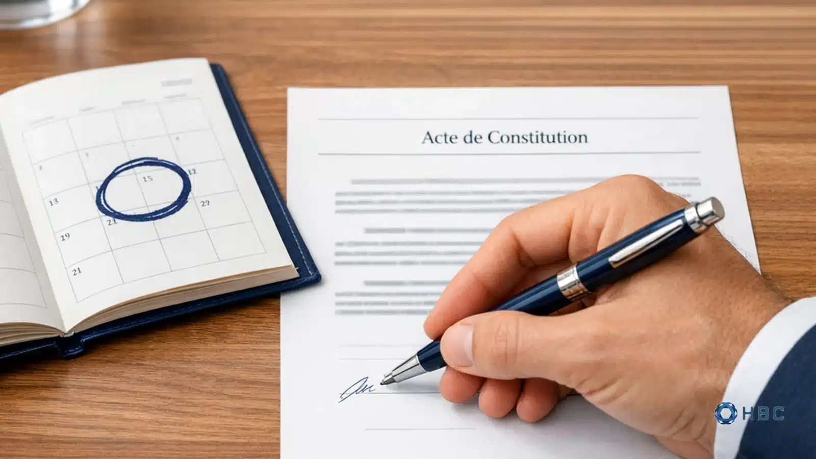 Signature de l'acte de constitution d'une société au Luxembourg avec un calendrier symbolisant le délai de douze mois pour libérer le capital