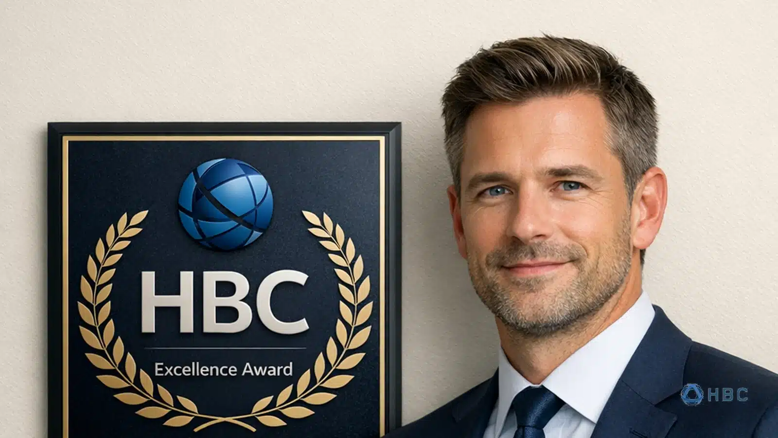Conseiller HBC Group près de la plaque murale Excellence Award avec le logo et les lettres HBC