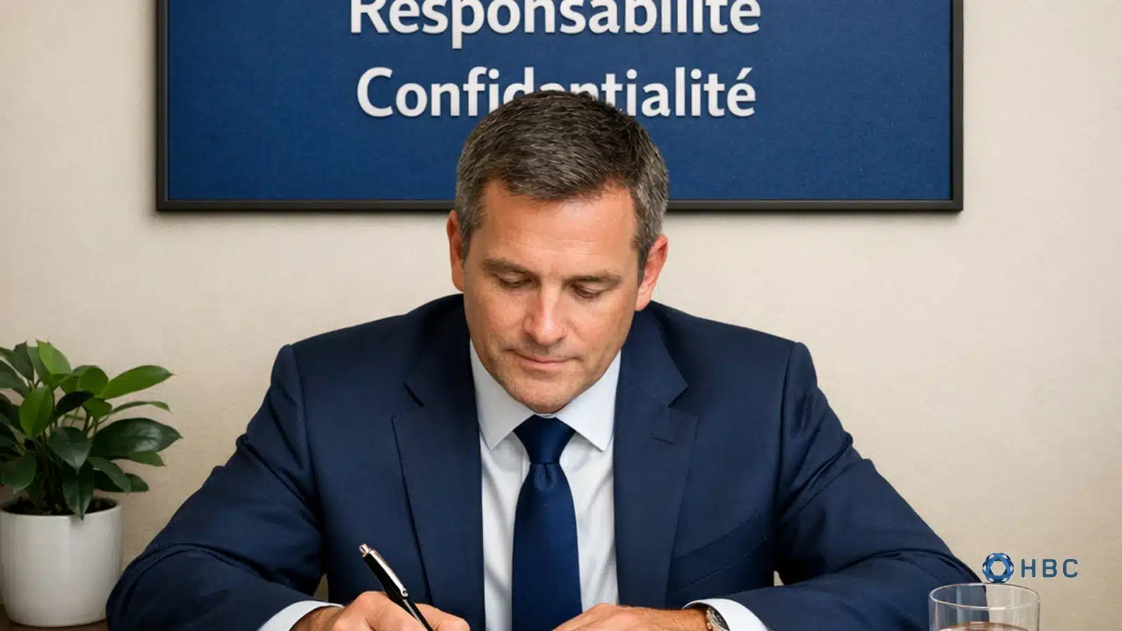 Entrepreneur signant les statuts de sa société au Luxembourg, affiche des valeurs HBC Group en arrière-plan