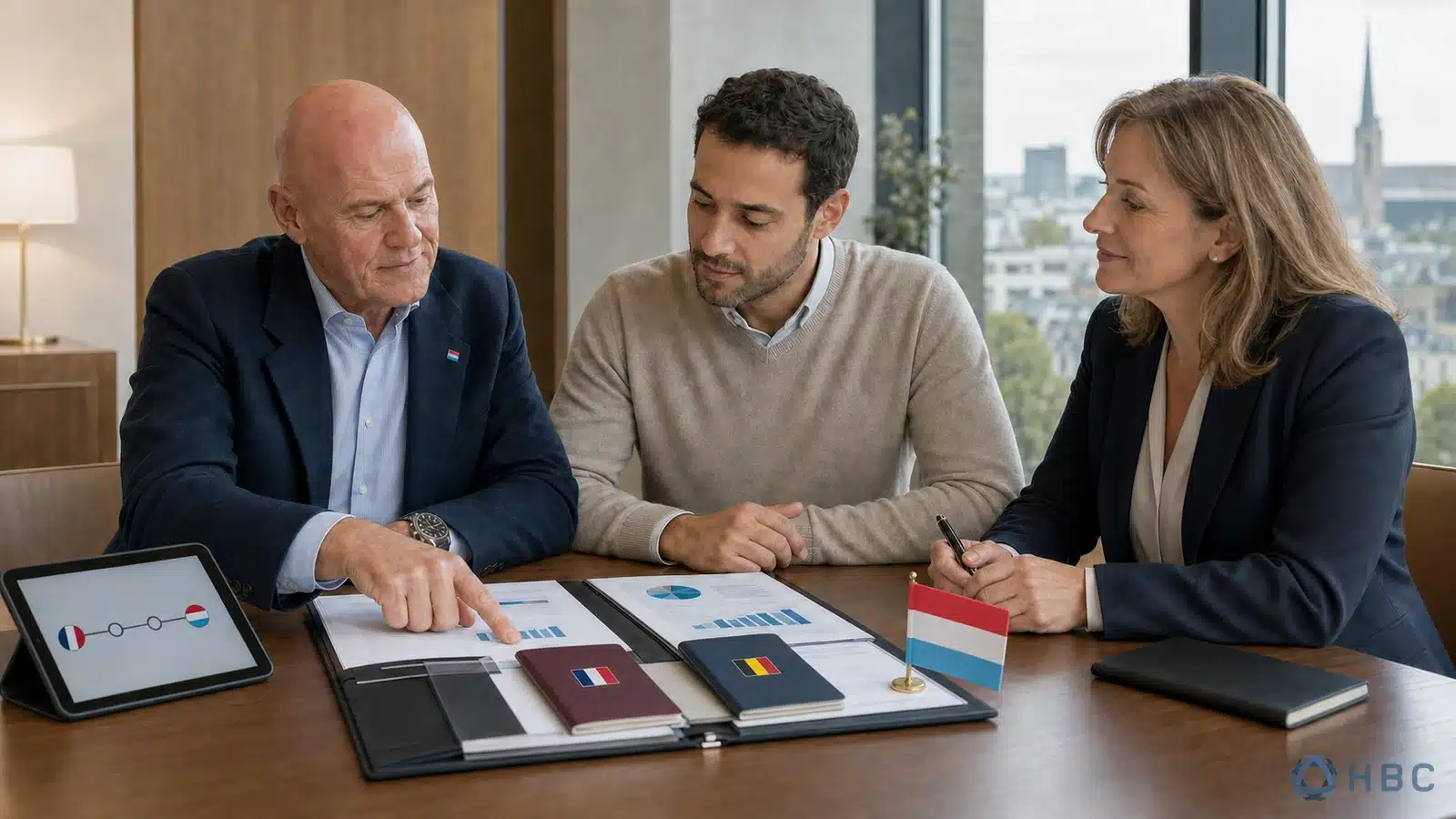 Trois personnes examinent le dossier d'ouverture d'un compte bancaire professionnel luxembourgeois