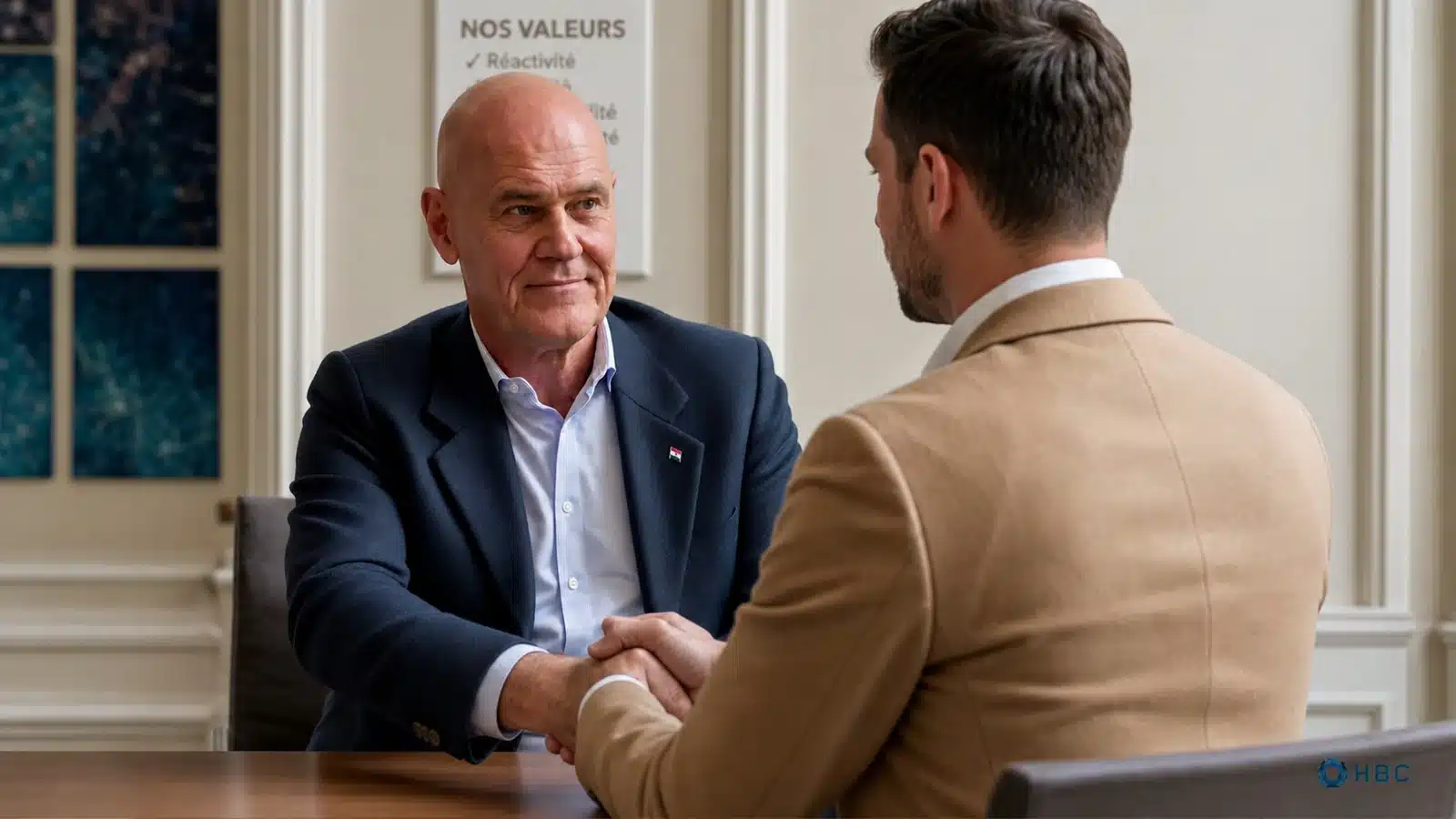 Poignée de main entre un dirigeant HBC Group et un client au terme d'une mission d'externalisation commerciale