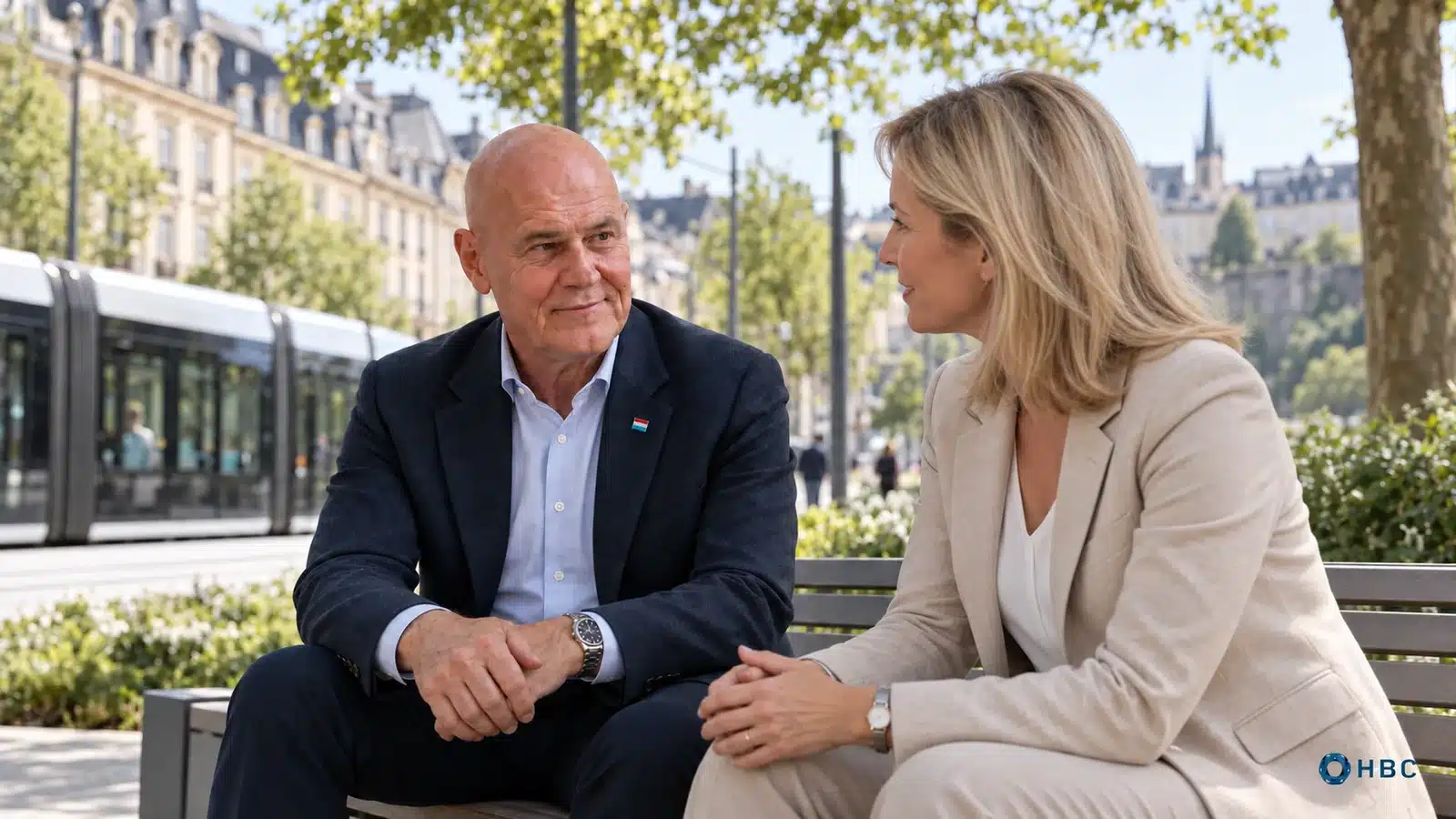 Échange sur un banc public arboré de Luxembourg-Ville, tram en arrière-plan
