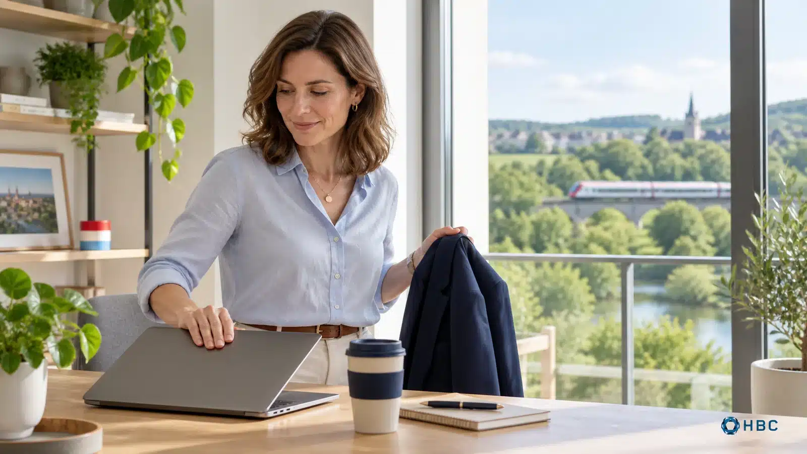 Une salariée ferme son ordinateur portable dans un bureau lumineux, train visible par la fenêtre